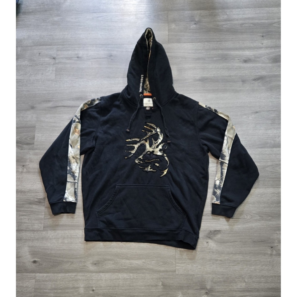 Legendary Whitetails Outfitter Hoodie Mens Large Black Camo Buck Logo Pullover
